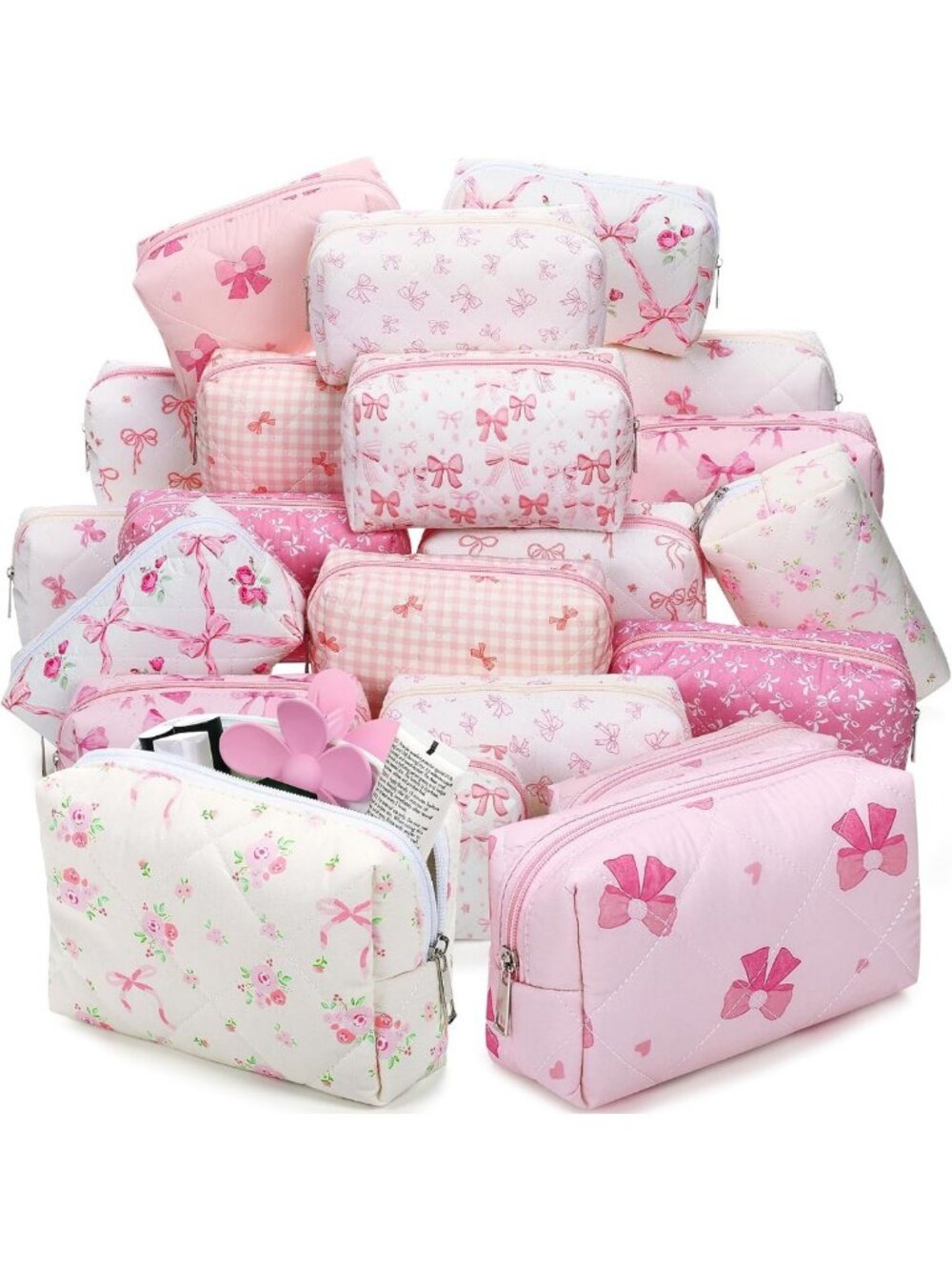 20 Pcs Cotton Quilted Makeup Bags - Aesthetic Flower Pouches for Travel & Gifts